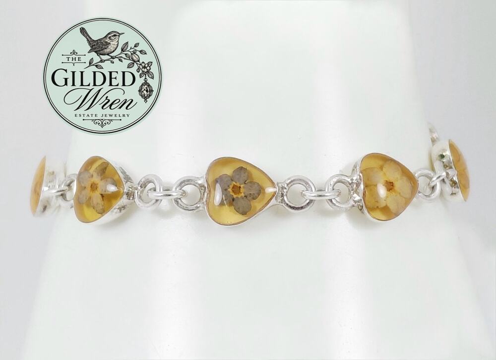 Vintage Taxco Mexico 925 Sterling Silver Pressed Flower Heart Bracelet